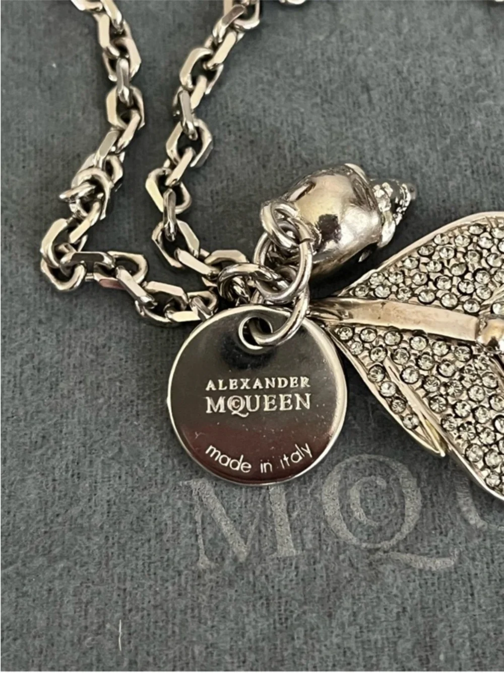 Alexander McQueen Antique Silver Pave Crystal Feather Necklace